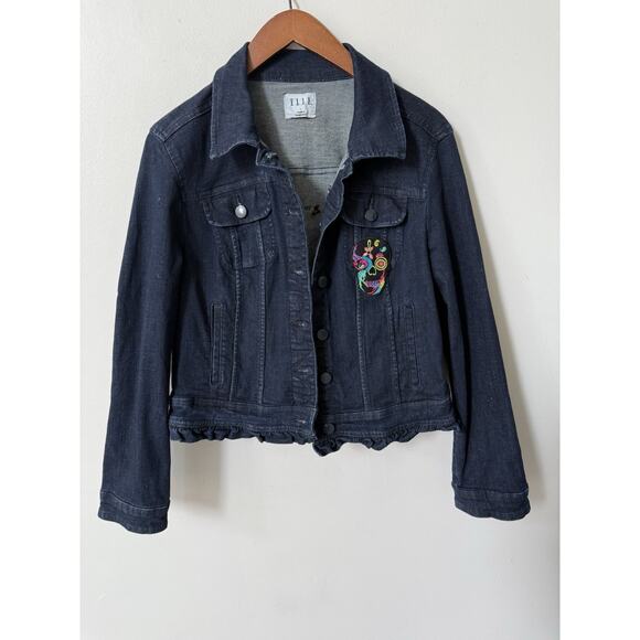 Denim Upcycled Jacket Embroidered Y2K Large Cotton Blue Skull Boho Art To Wear - Picture 1 of 11